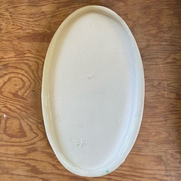 Handmade Folk Art Pottery Tray Village Scene Oval Catchall 12” - Picture 2 of 5